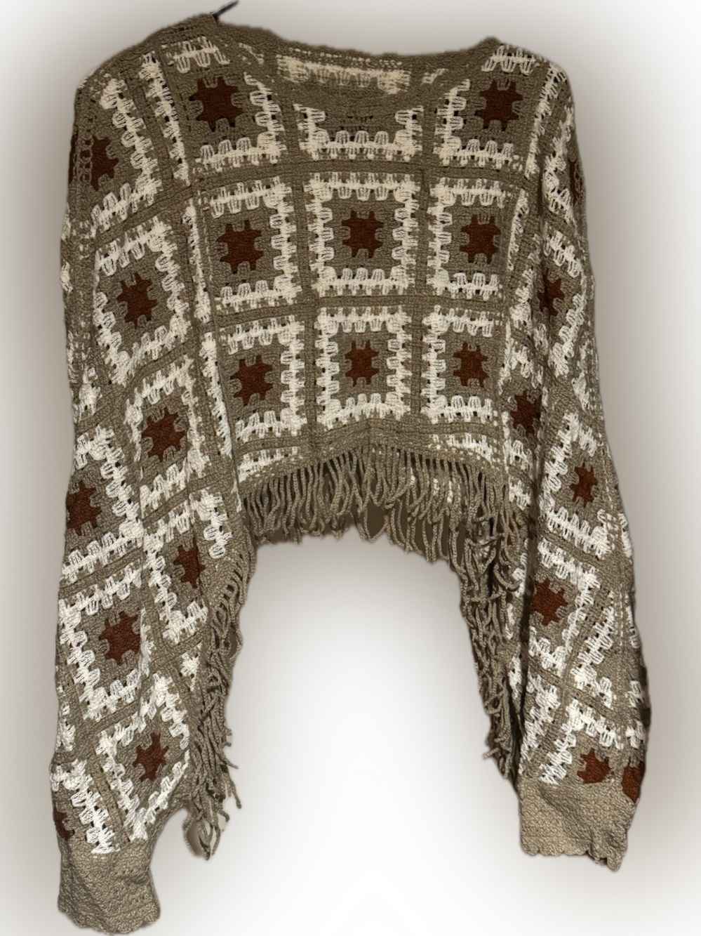 Boho Crochet Fringe Women’s Sweater in Tan, White & Brown